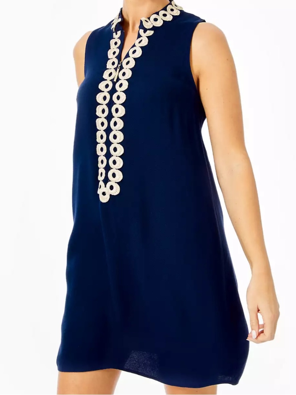 Lilly Pulitzer Sz 00 Jane Sleeveless Shift Dress Navy and Gold Trim Zipper Front